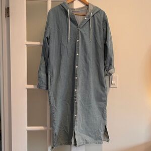 Blue Hooded Button-Up Long Coat